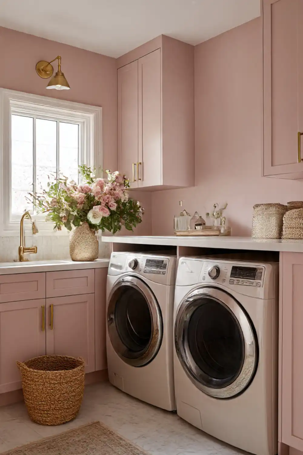 Laundry room with pink cabinets and flower decor.
