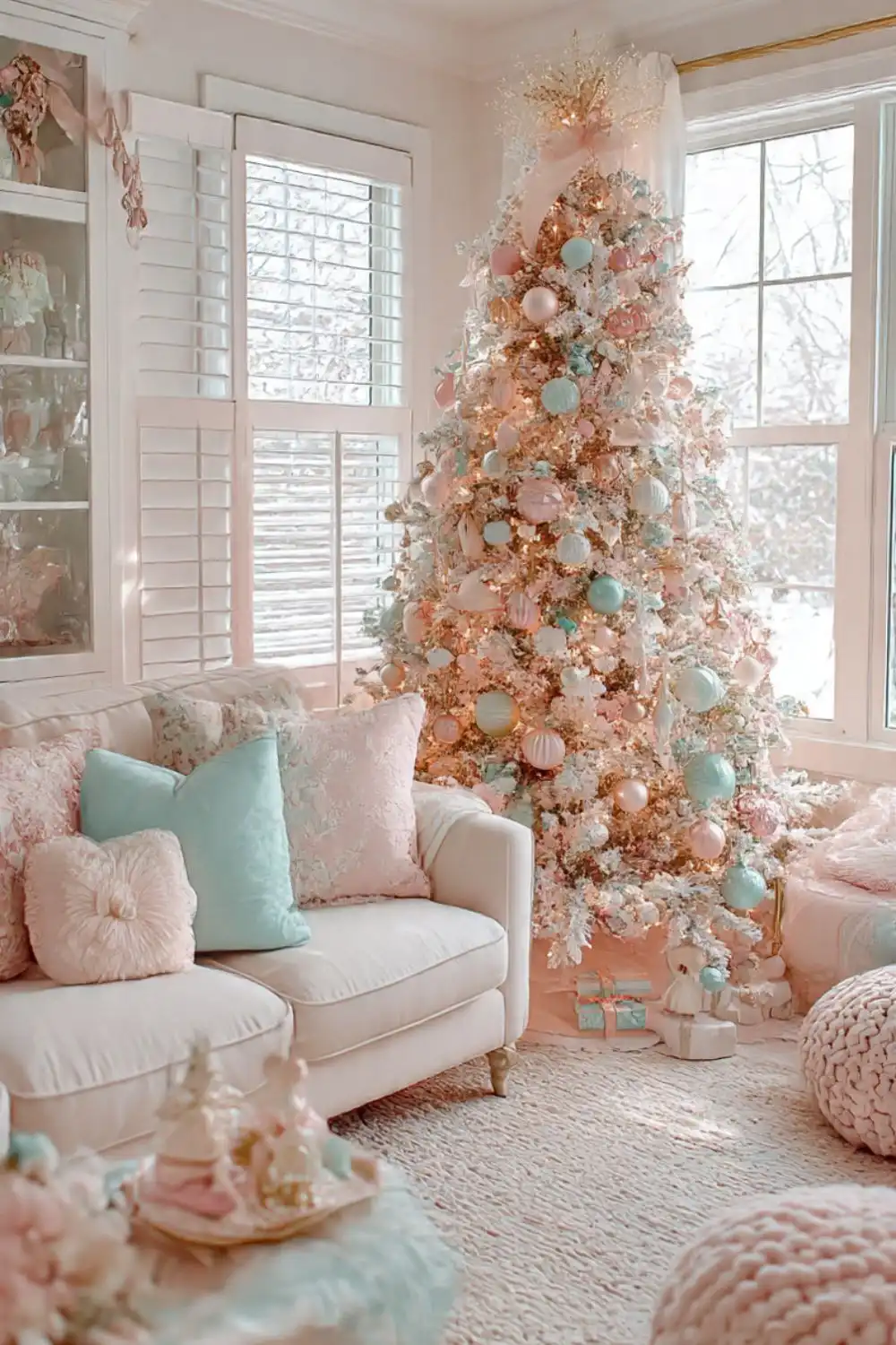 Pastel Christmas living room with decorated tree.