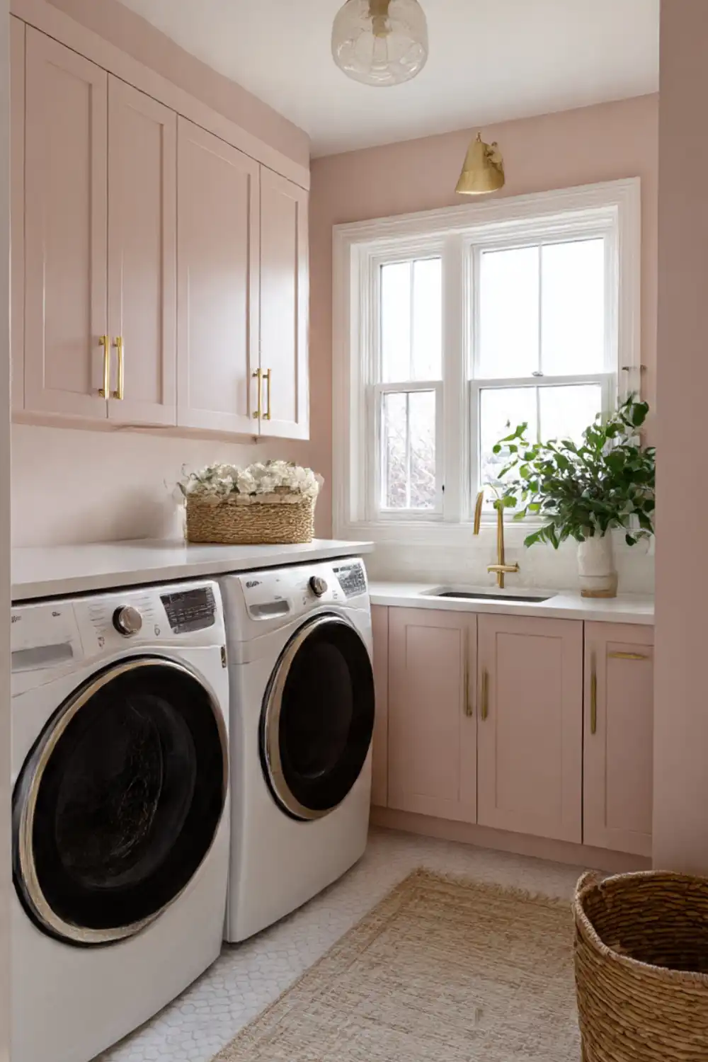 Stylish laundry room with pink cabinets and plants.