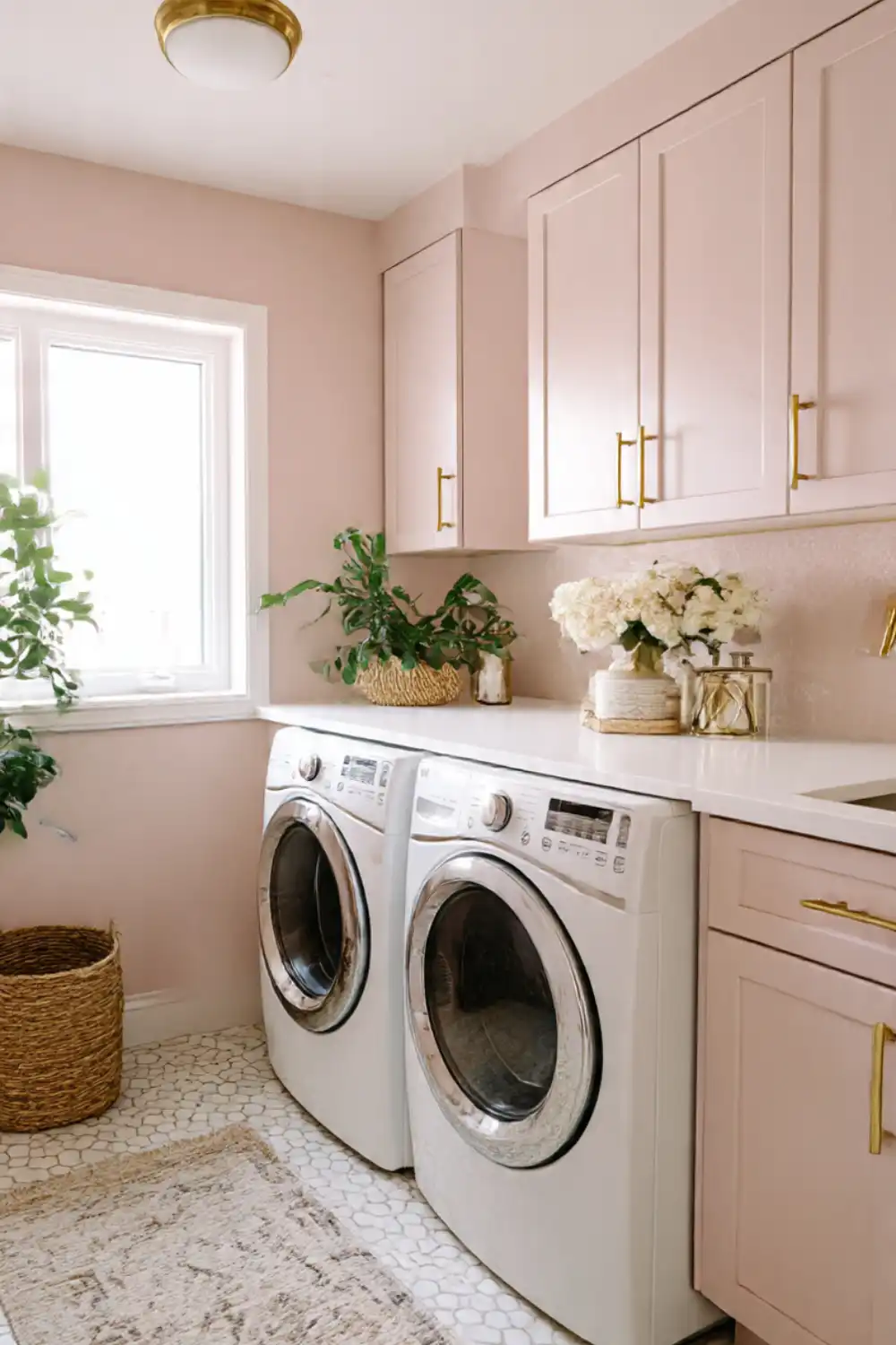 Stylish laundry room with plants and pink cabinetry.
