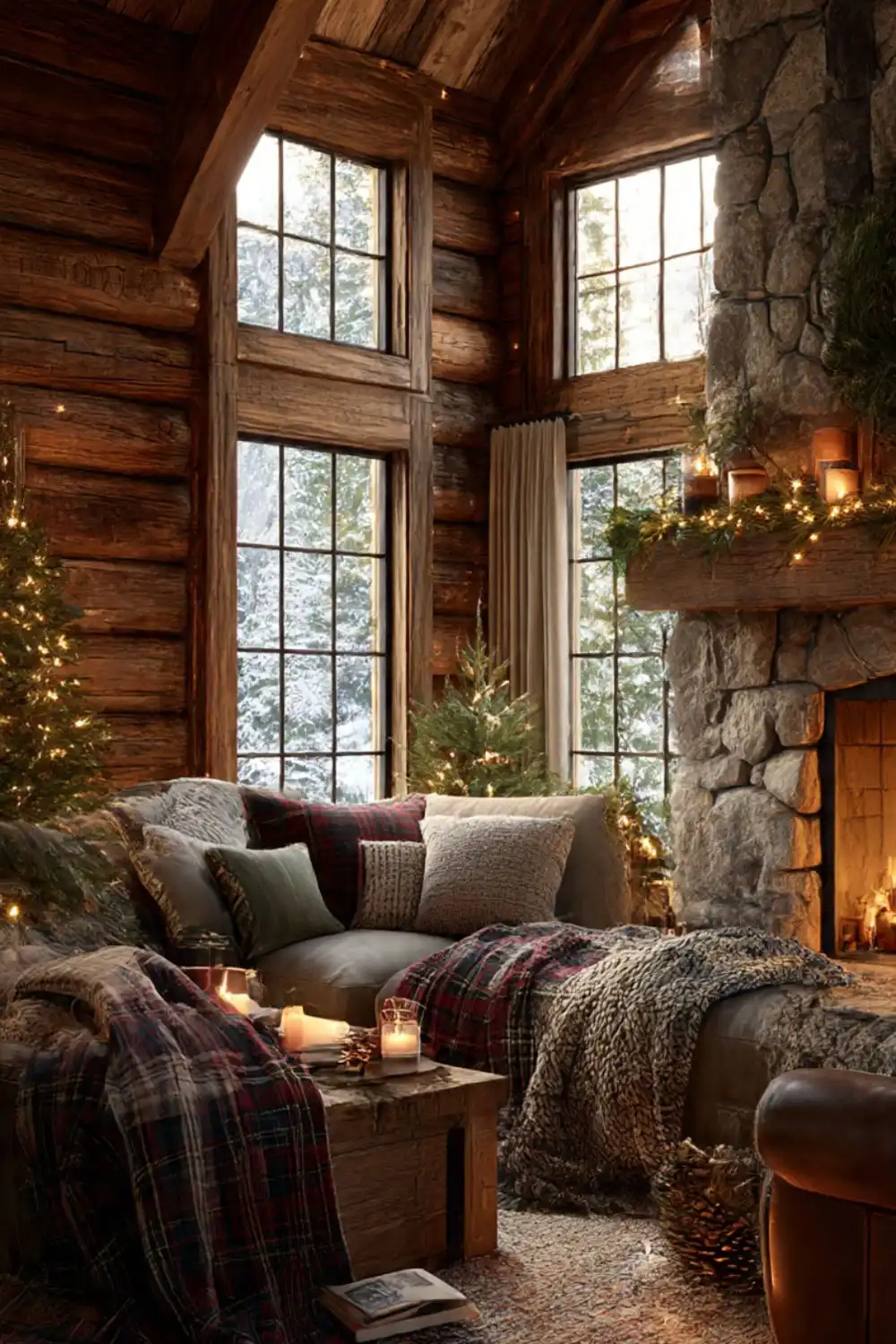 Cozy log cabin interior with fireplace and Christmas decor