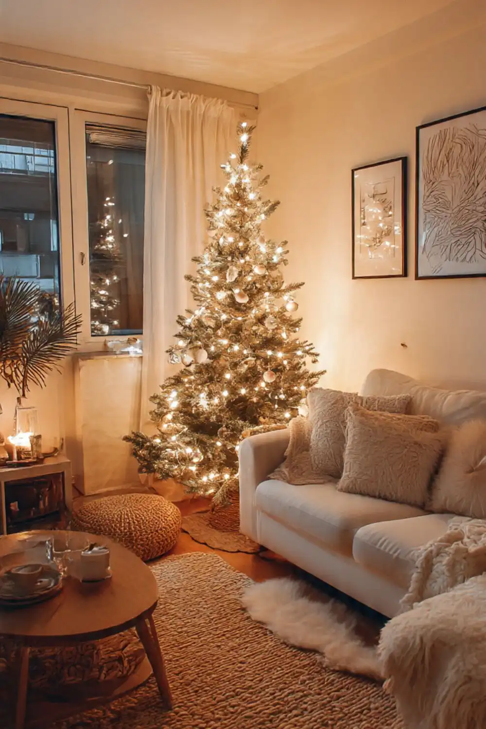 Cozy living room with decorated Christmas tree.