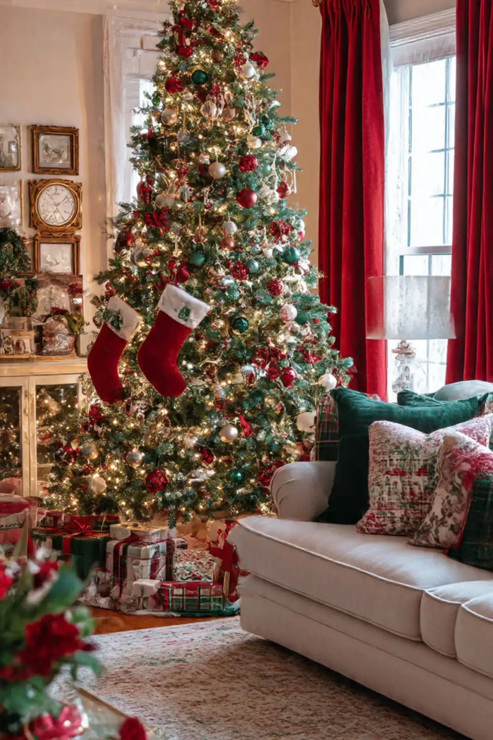 Cozy Christmas tree with stockings and gifts.