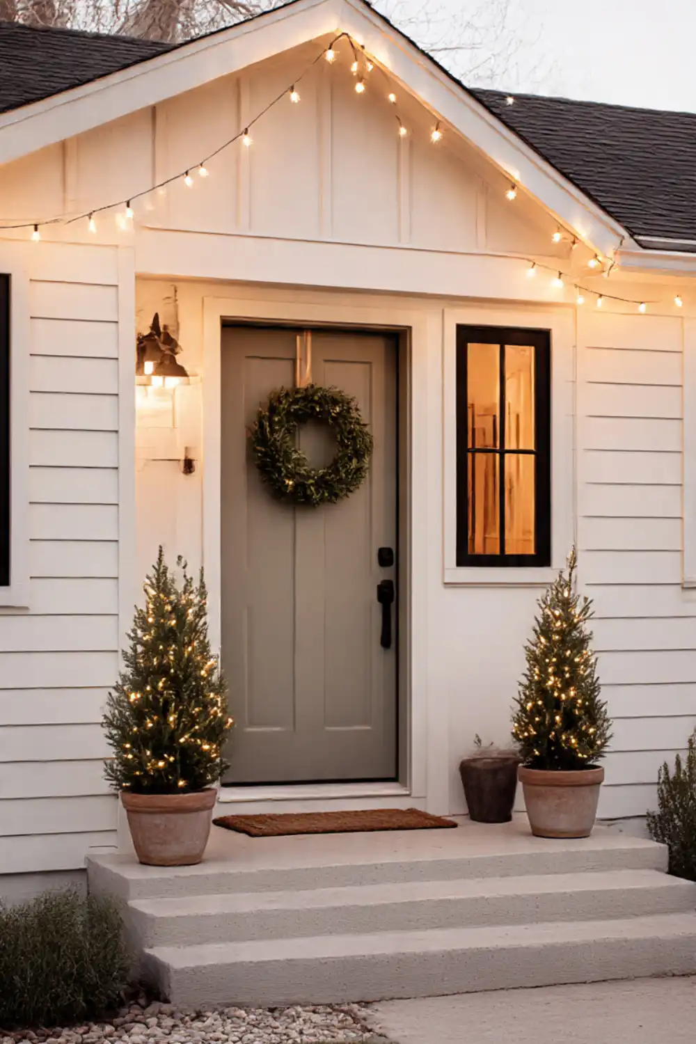 Festive house entrance with wreath and string lights.