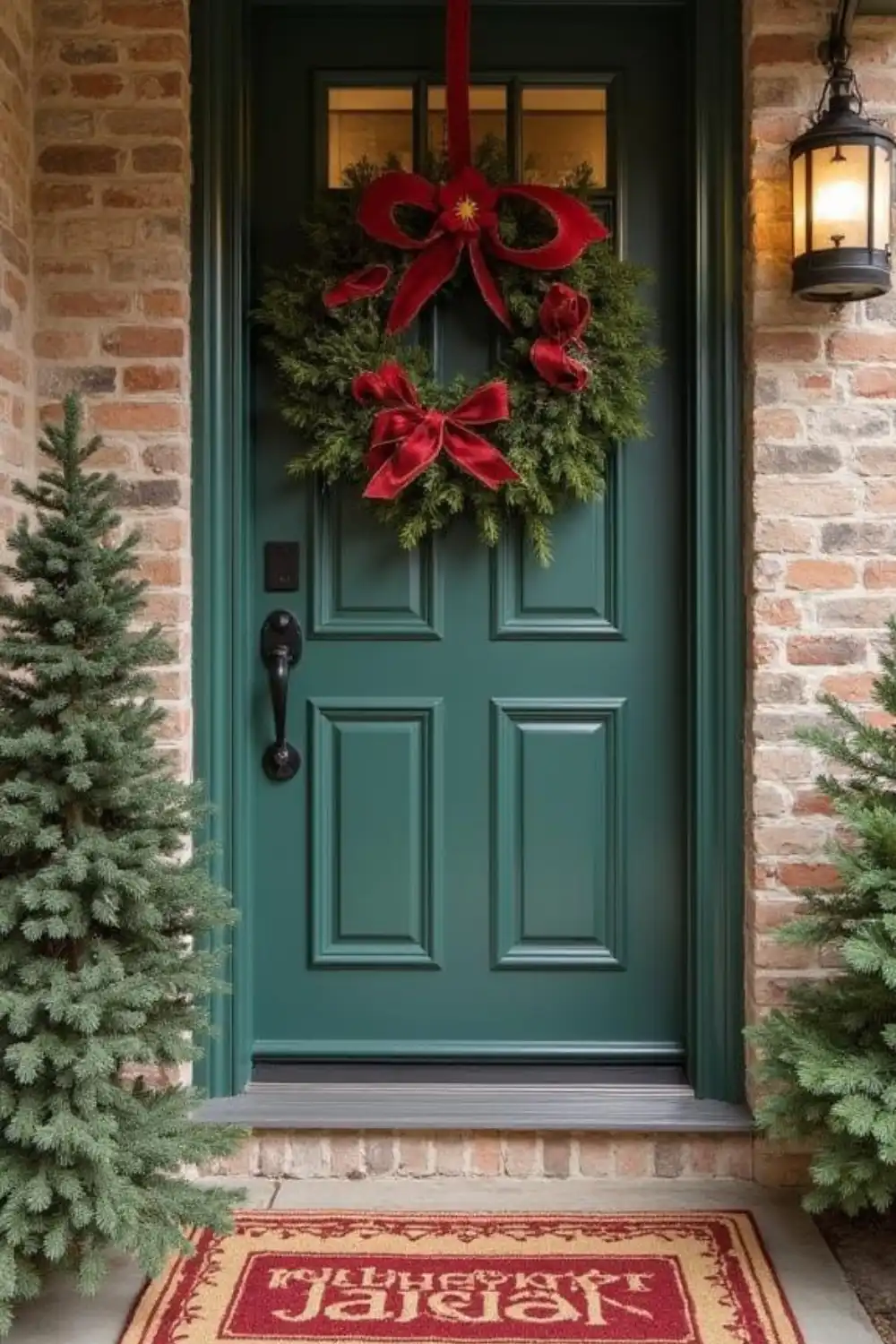 Festive front door with wreath and holiday decor.