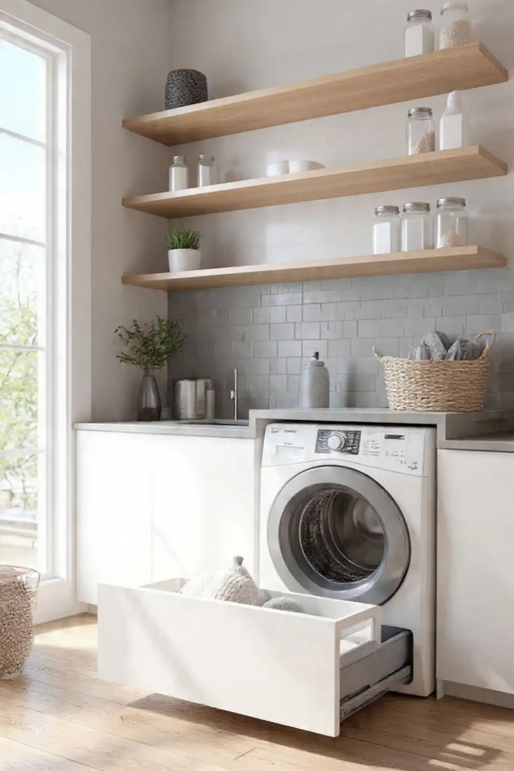 Modern laundry room with washer and storage shelves.