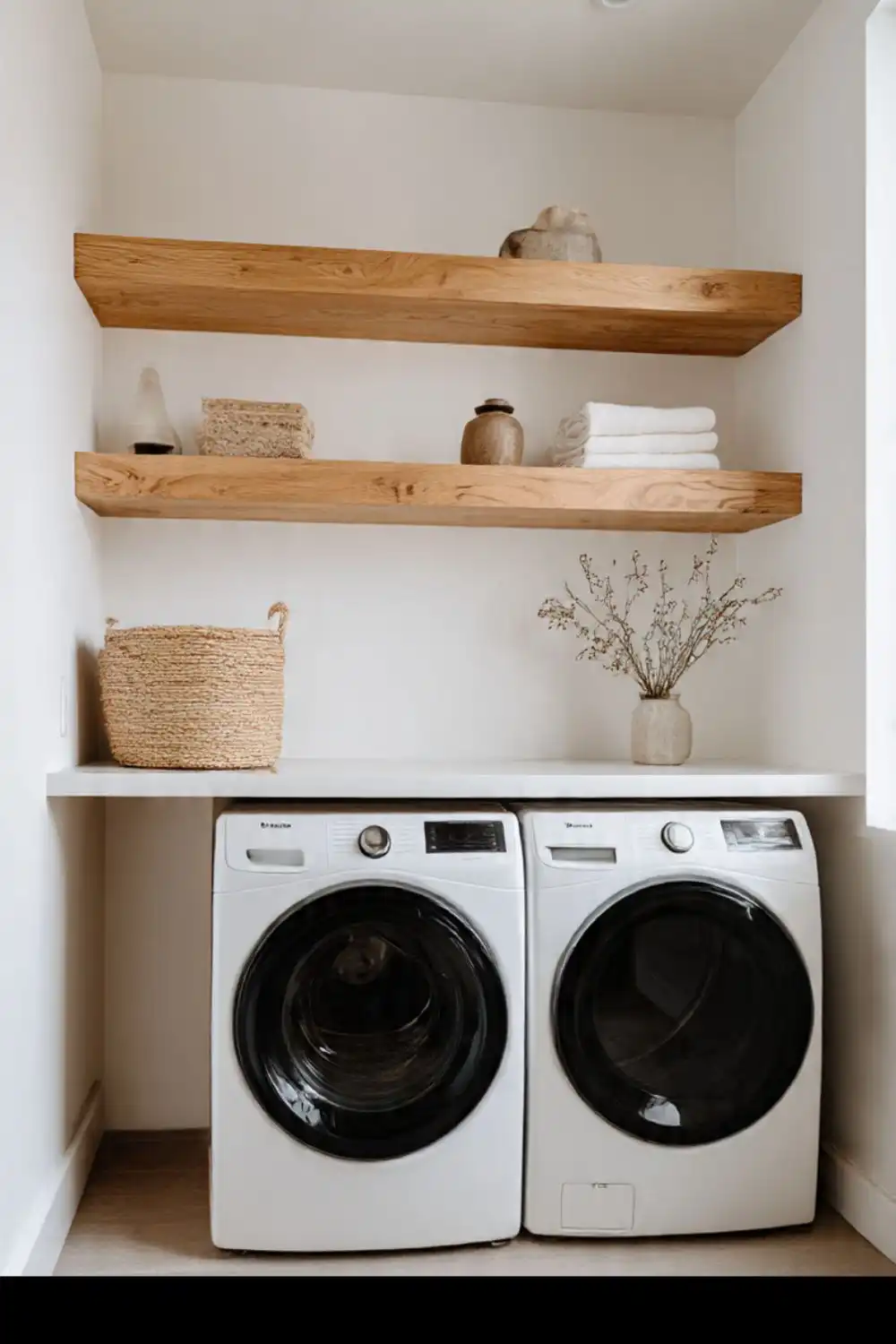 Modern laundry room with washer, dryer, shelves.