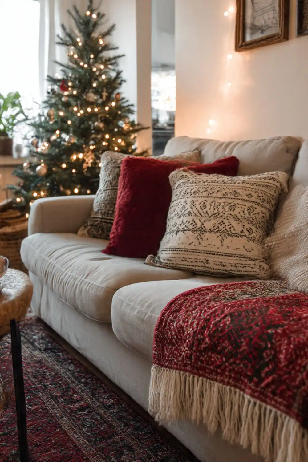Cozy living room with Christmas tree and sofa.