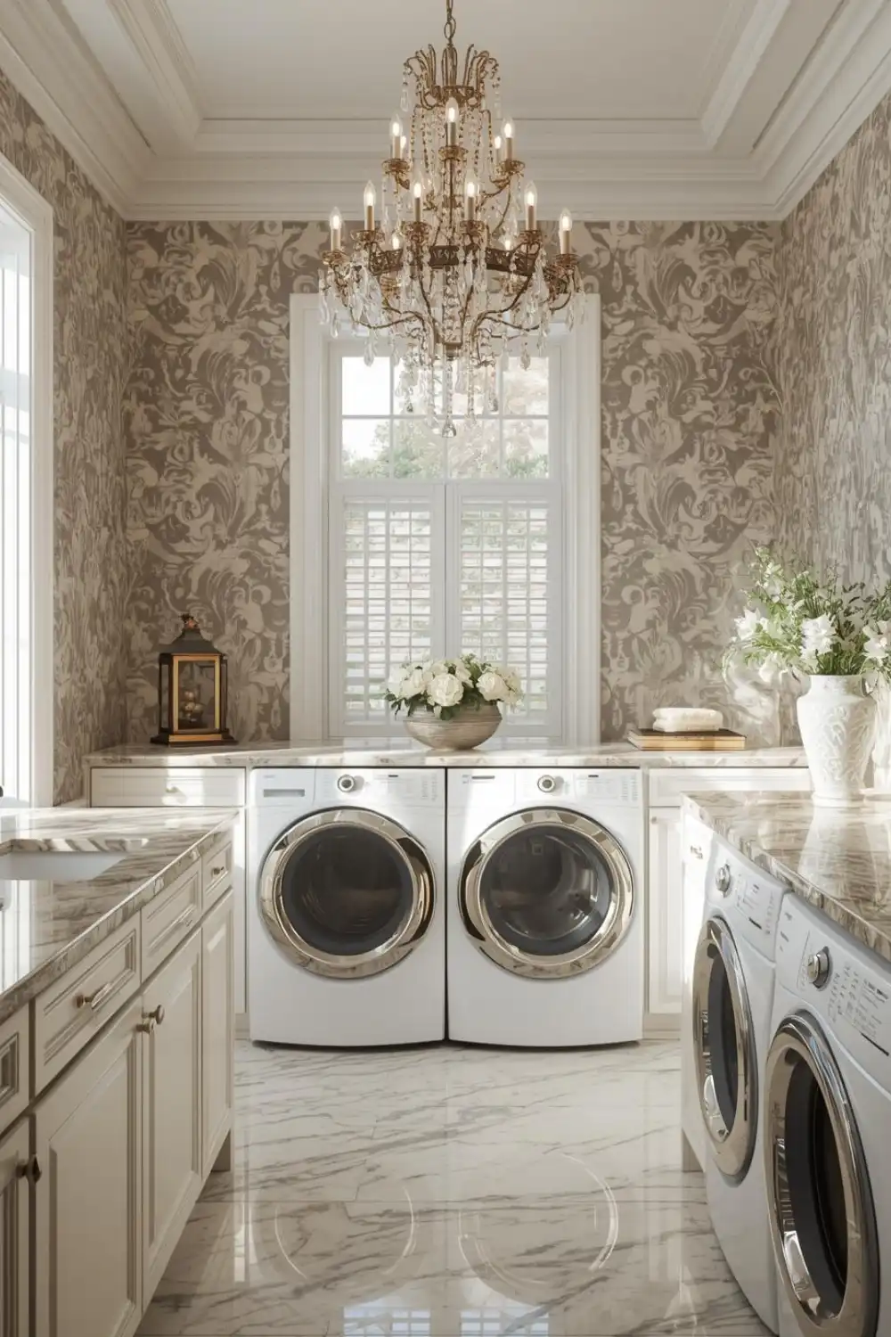 Elegant laundry room with chandelier and floral wallpaper.