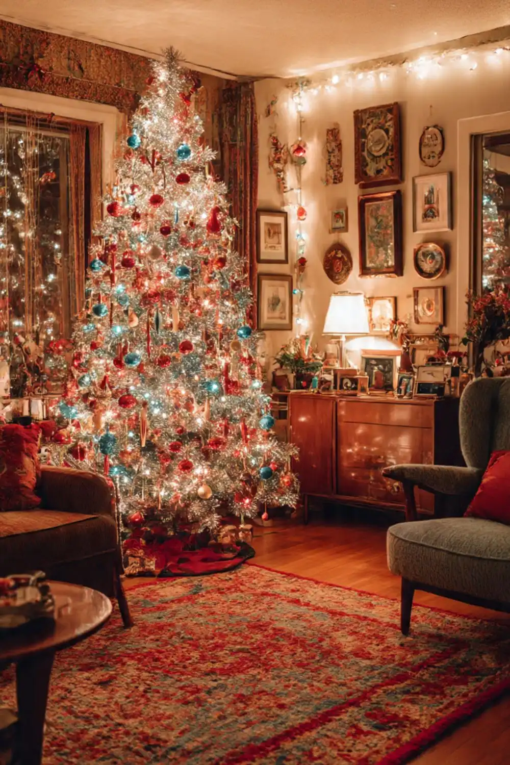 Festive living room with decorated Christmas tree.