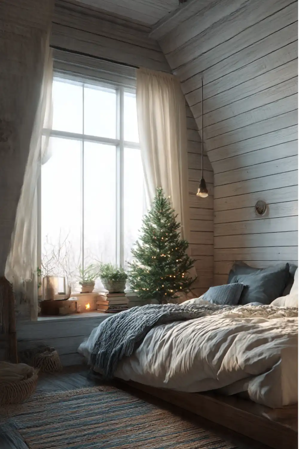 Cozy bedroom with Christmas tree by window.
