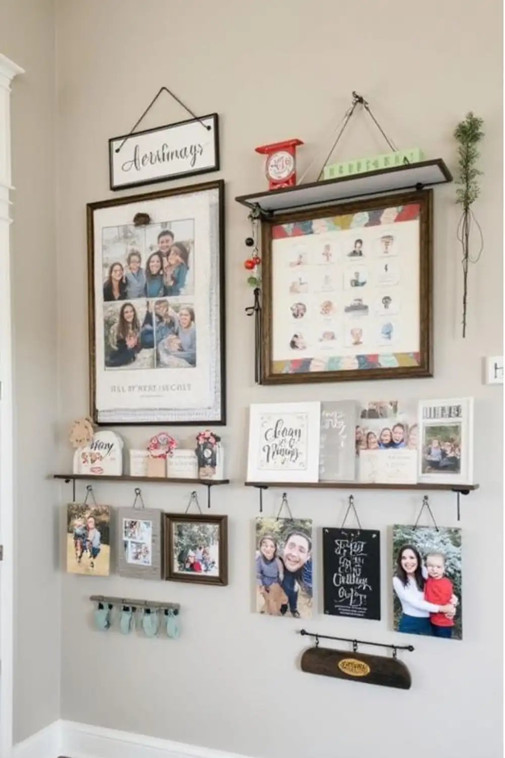 Photo gallery on wall with various family photos.