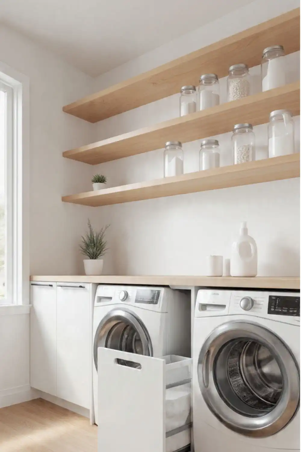 Modern laundry room with shelves and appliances.