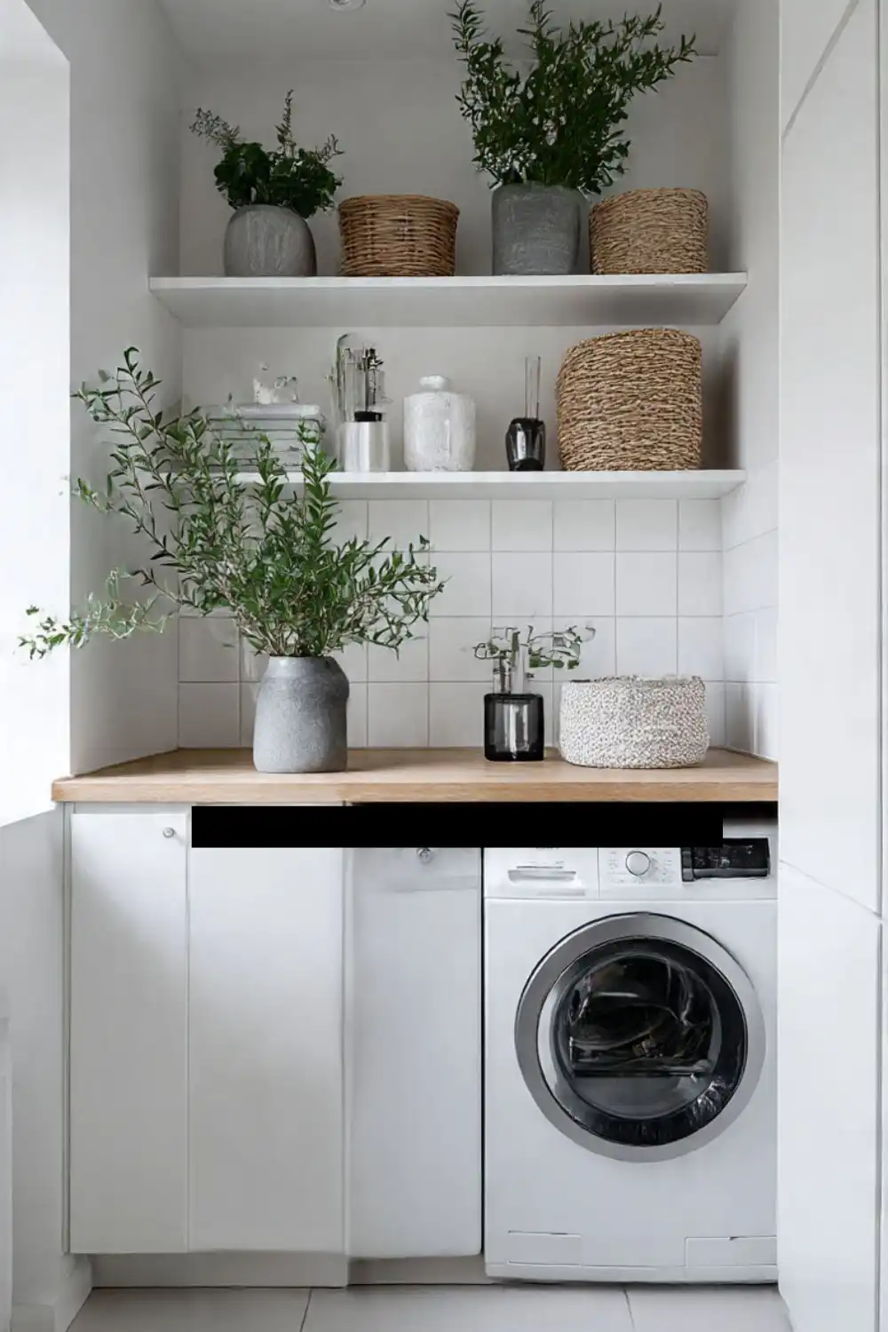 Minimalist laundry room with plants and storage.