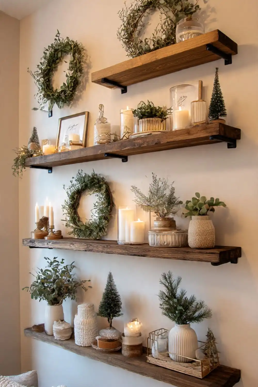 Rustic wooden shelves with candles and wreaths.
