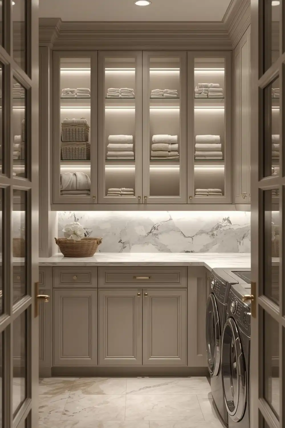 Elegant laundry room with cabinets and washer dryer.