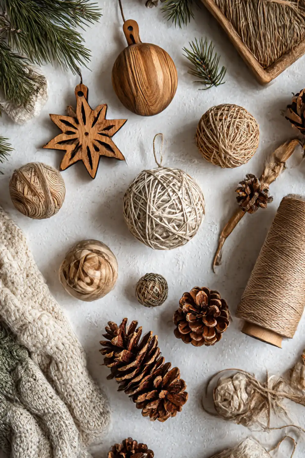 Rustic Christmas decorations and pine cones displayed.