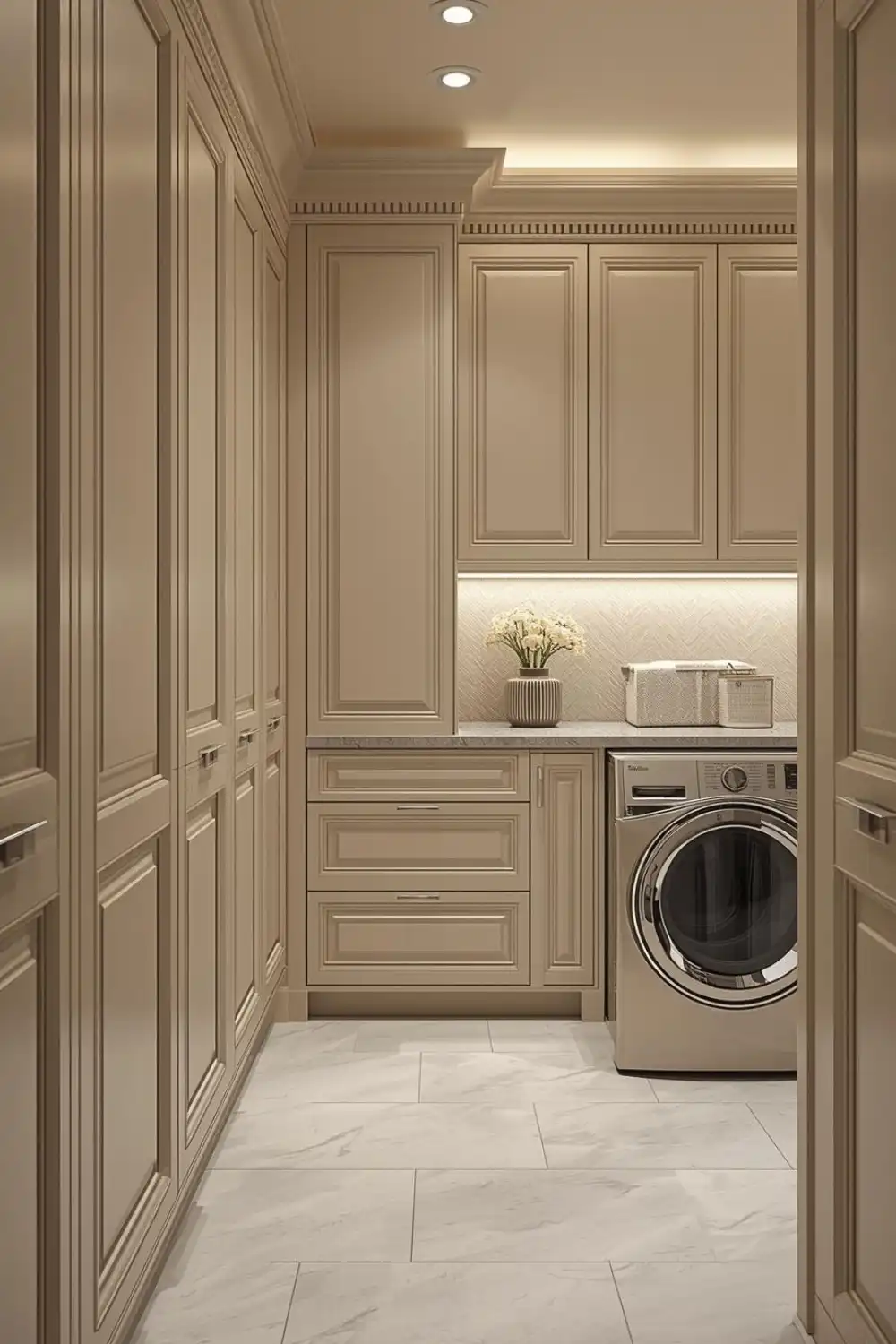 Luxurious beige laundry room with cabinets and washer.