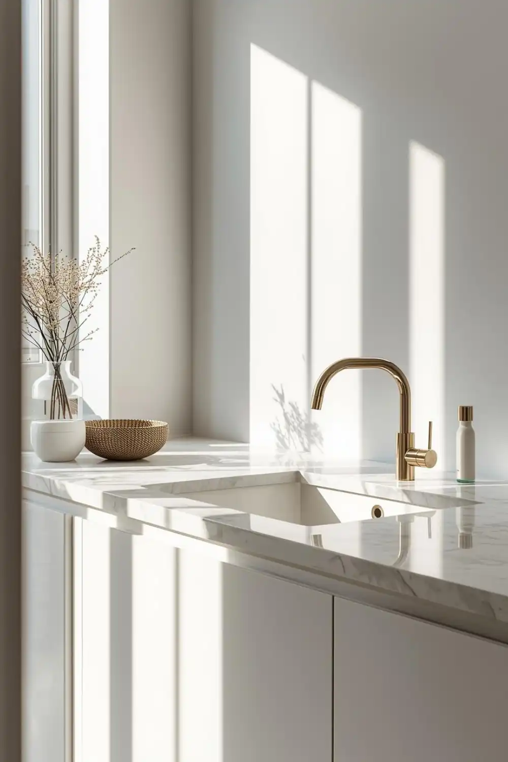 Minimalist kitchen with marble counter and gold faucet.