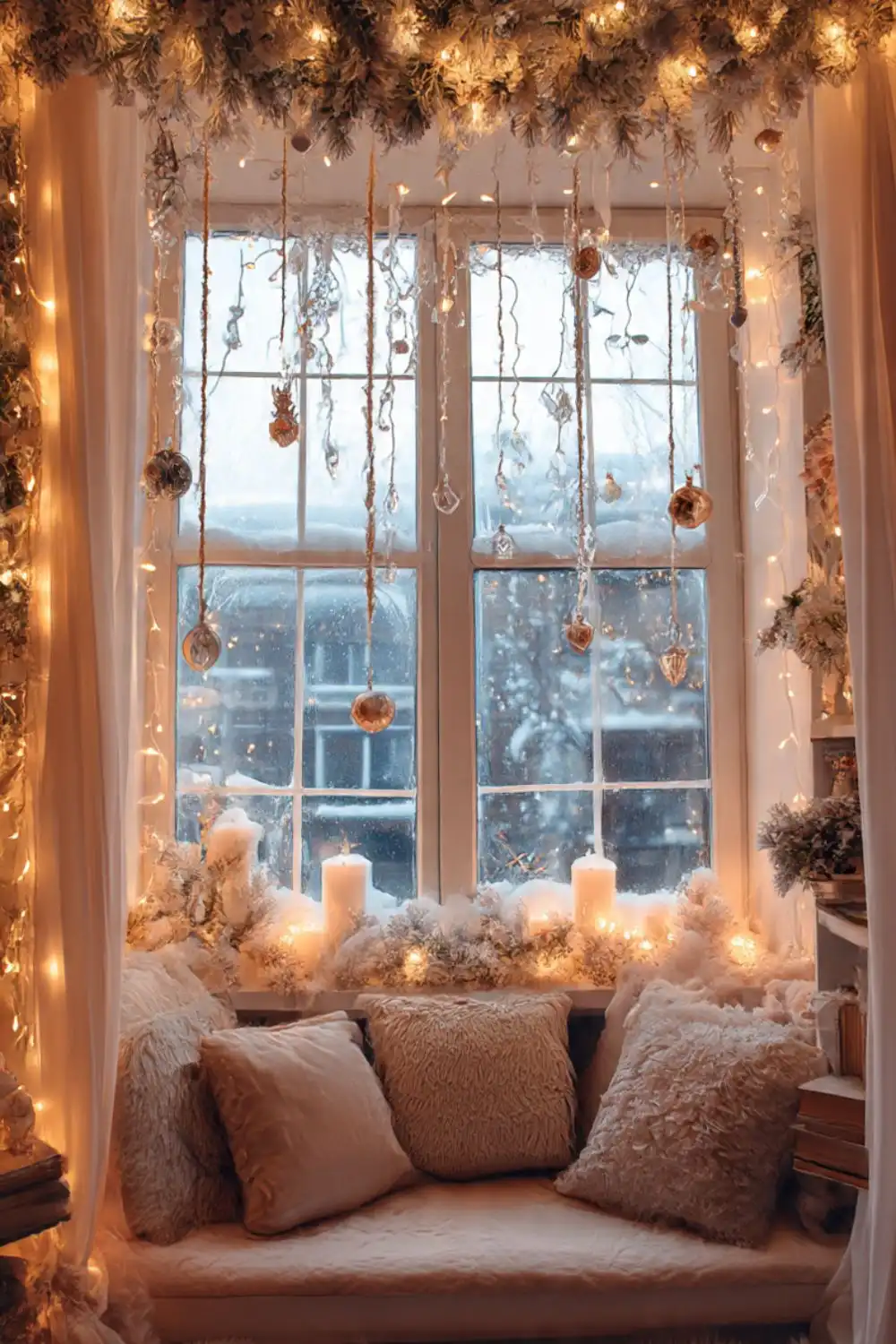 Cozy winter window with snow, lights, and pillows.