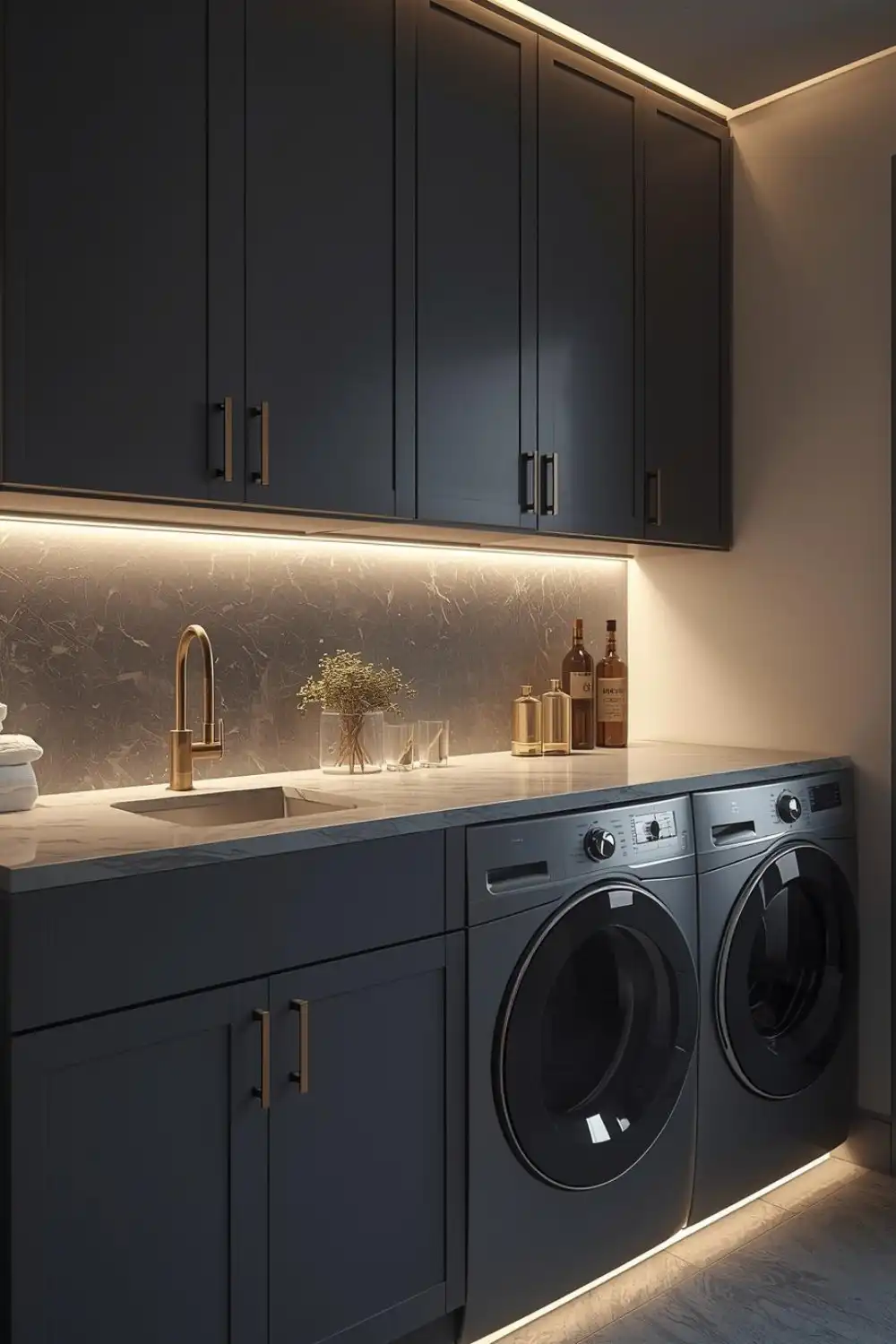 Modern laundry room with washing machines and cabinets.